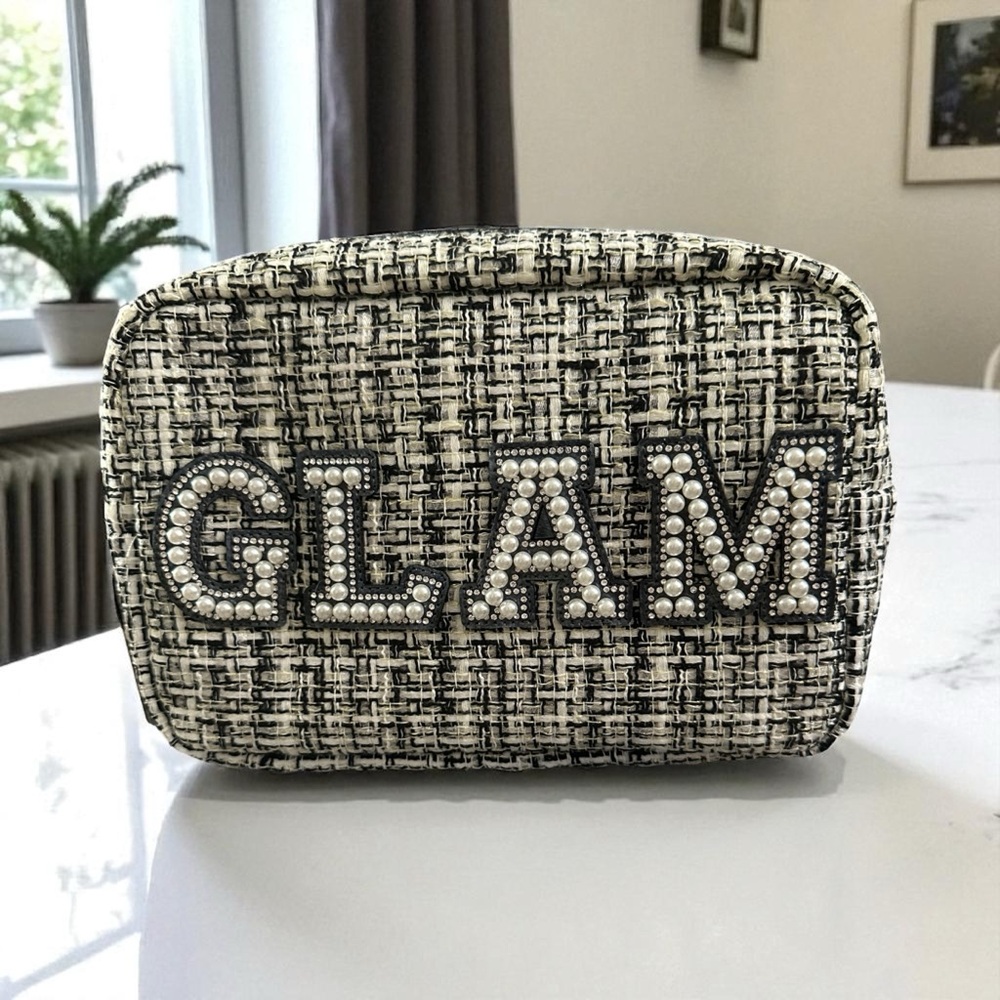 Gloss & Glo Tweed “GLAM” Cosmetic Bag IN Black & White NWT